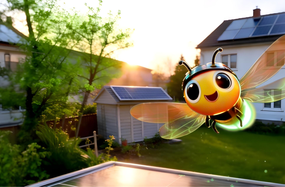 Ein Bild von einem KI-generierten Glühwürmchen, das über einem Solar-Panel fliegt