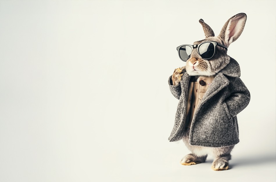 Ein niedlicher Hase mit Sonnenbrille und schickem Mantel steht vor einem hellen Hintergrund. Er hält mit einer Pfote leicht den Mantel geöffnet, als ob er etwas darin versteckt hat, was er gleich zeigen möchte.