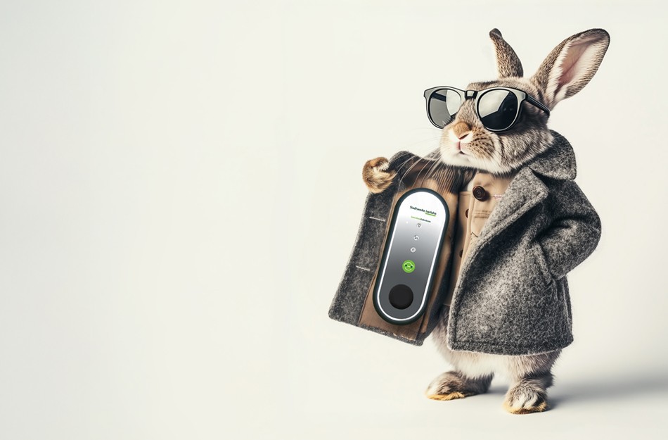 Ein niedlicher Hase mit Sonnenbrille und schickem Mantel steht vor einem hellen Hintergrund. Er hält mit einer Pfote leicht den Mantel geöffnet, als ob er etwas darin versteckt hat, was er gleich zeigen möchte.