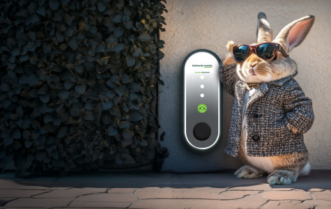 Ein Bild von einem KI-generierten Kaninchen mit Mantel und Sonnenbrille neben einer Wallbox der Stadtwerke Iserlohn