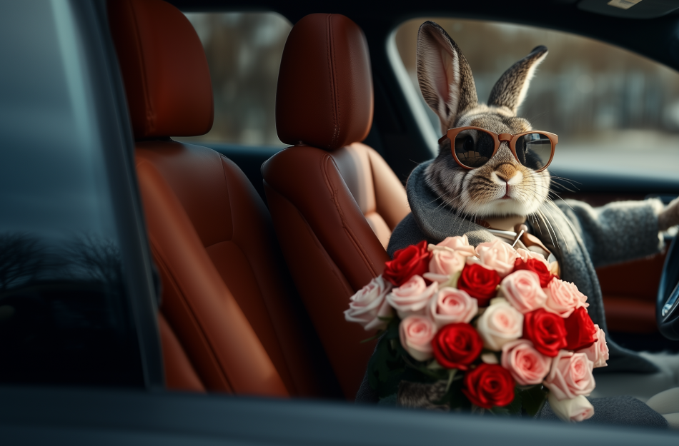 Ein Bild von einem Hasen ("Hasi") im Fahrersitz eines Autos. Er trägt eine Sonnenbrille und hält einen Blumenstrauß in der Hand, den er dem Betrachter entgegenhätt