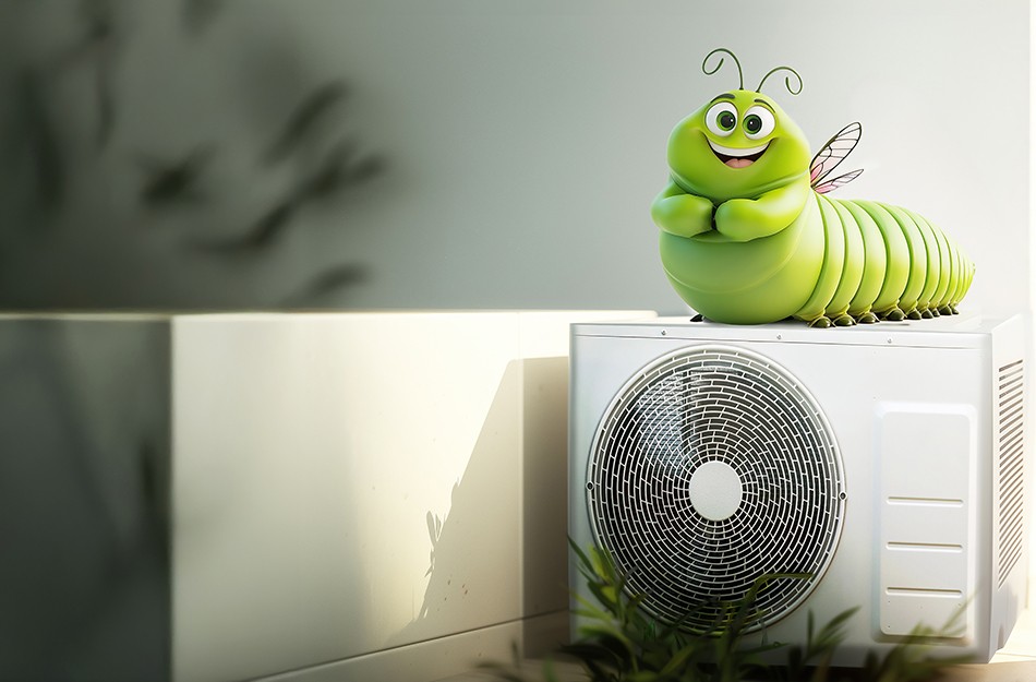 Ein Bild von einer Wärmepumpe, auf der eine freundliche, dicke grüne Raupe sitzt. Die Raupe freut sich über ihre baldige Verwandlung zum Schmetterling.